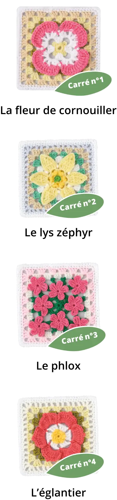 Les carrés 1 à 4 de votre plaid crochet en 3D